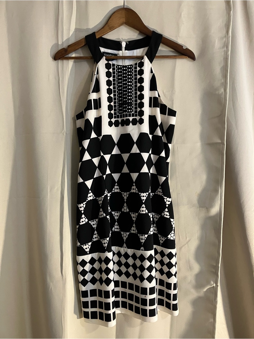 Bebe Black and White Geometric Halter Mini Dress